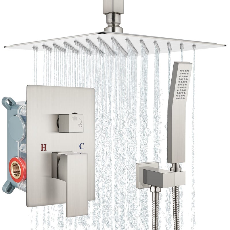 Aolemi Shower Faucet Set Ceiling Mount Shower System Rough-in Valve and Shower Trim Kit 10 Inch Shower Head Single Handheld Spray Square Knob Brushed Nickel - Image 1